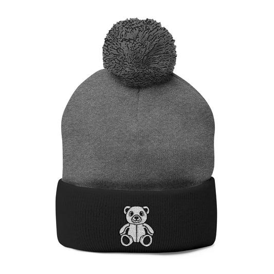 Polar Teddy Pom-Pom Knit Cap — Embroidered Winter Beanie