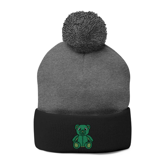 Emerald Bear Embroidered Pom-Pom Knit Cap