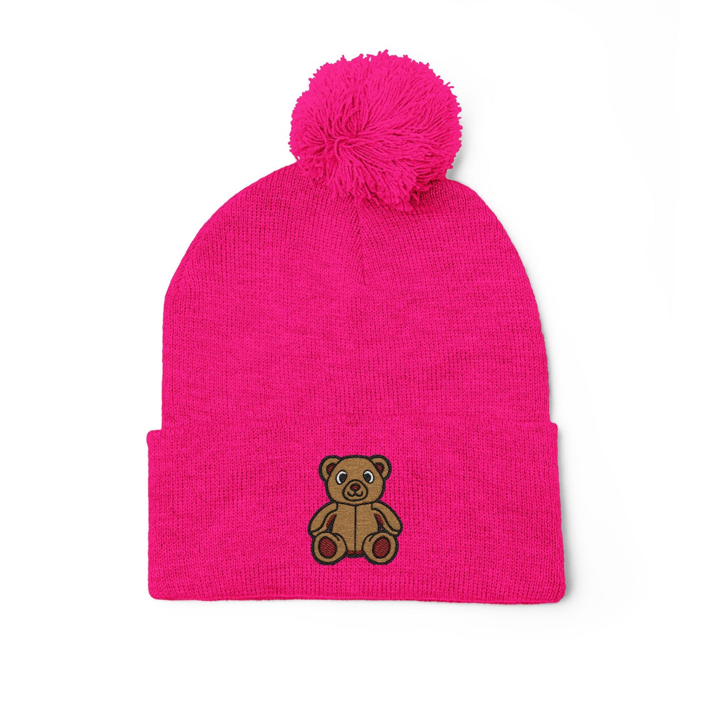 Teddy Bear Cozy Embroidered Pom-Pom Knit Cap 🤎