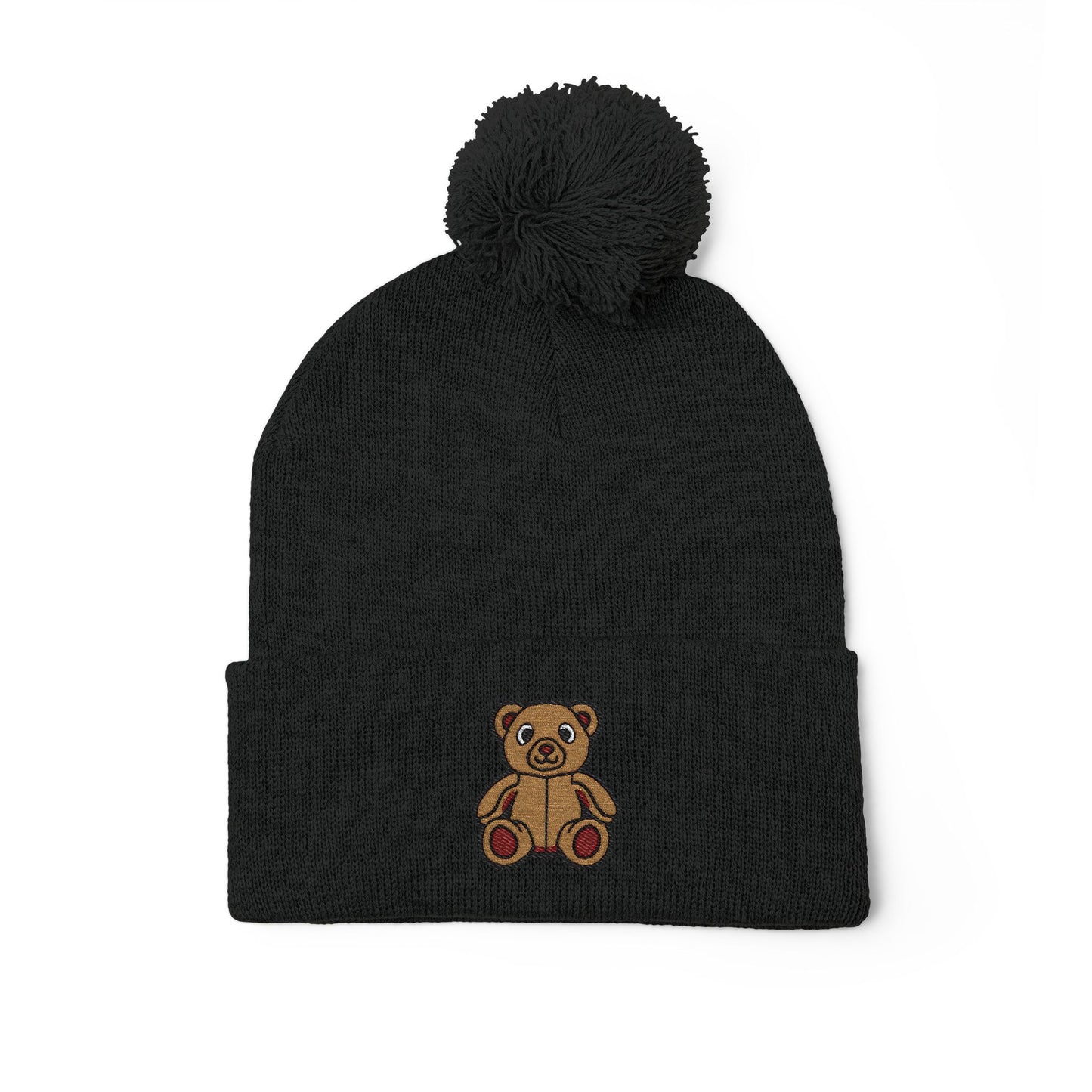 Teddy Bear Cozy Embroidered Pom-Pom Knit Cap 🤎
