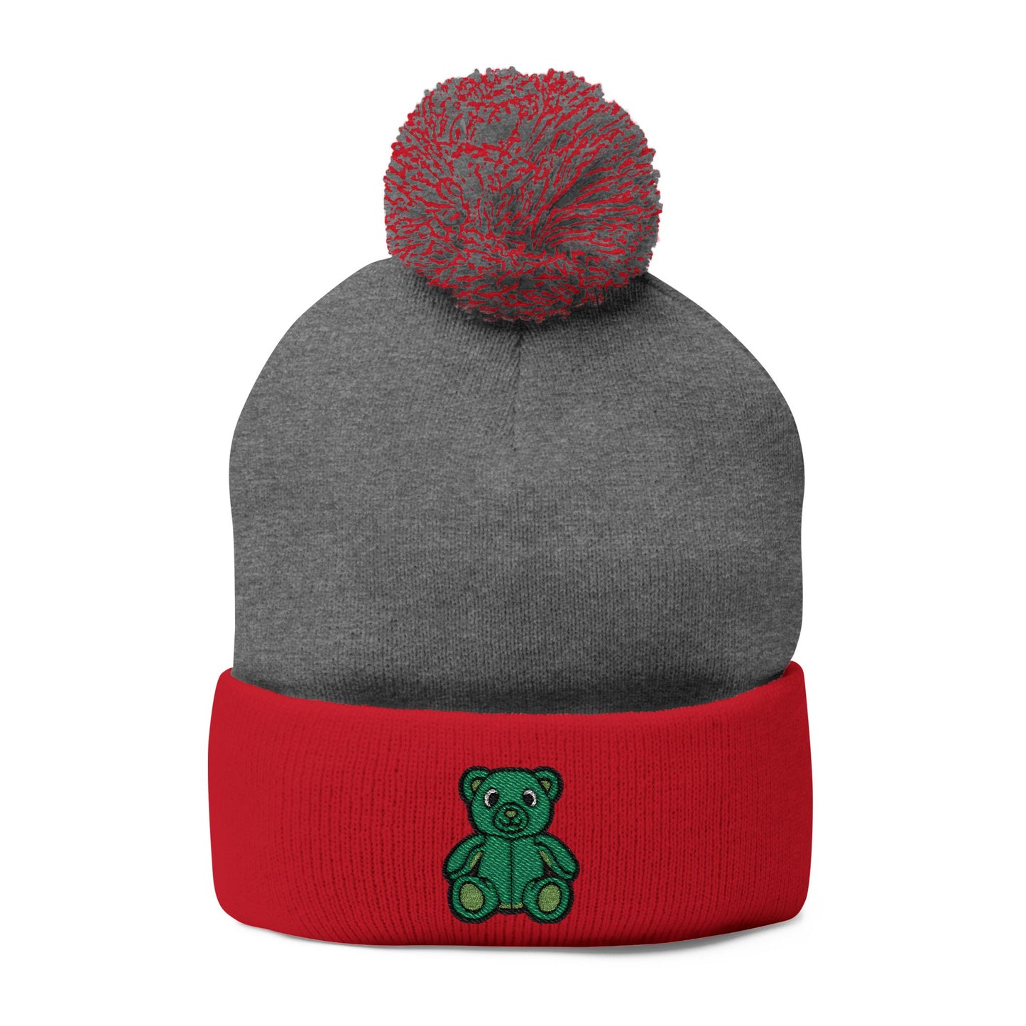 Emerald Bear Embroidered Pom-Pom Knit Cap