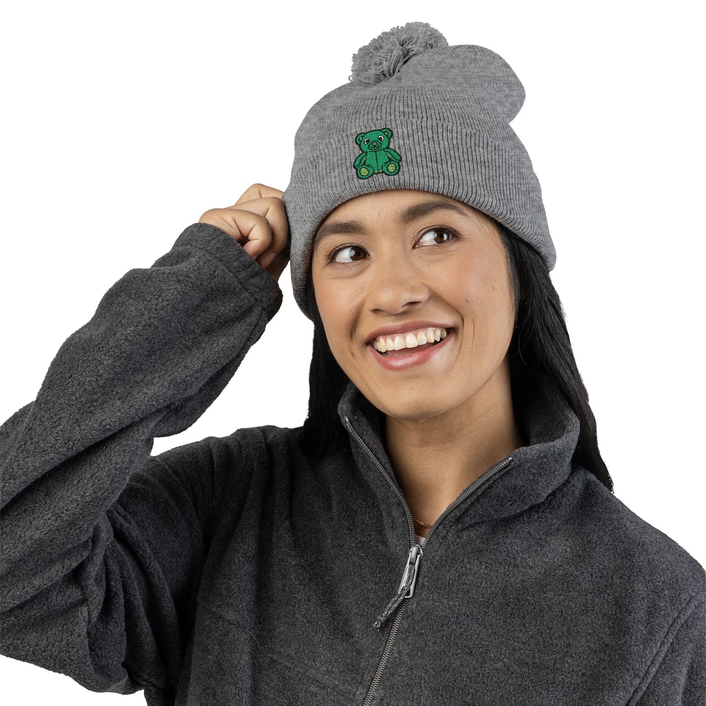 Emerald Bear Embroidered Pom-Pom Knit Cap