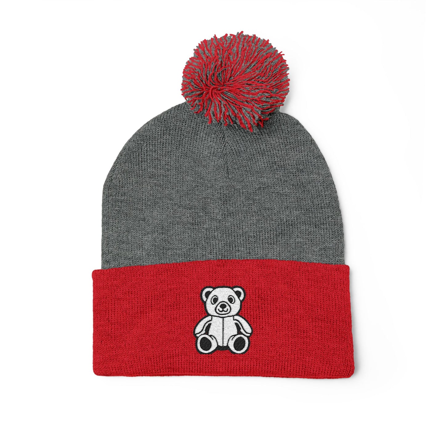 Polar Teddy Pom-Pom Knit Cap — Embroidered Winter Beanie