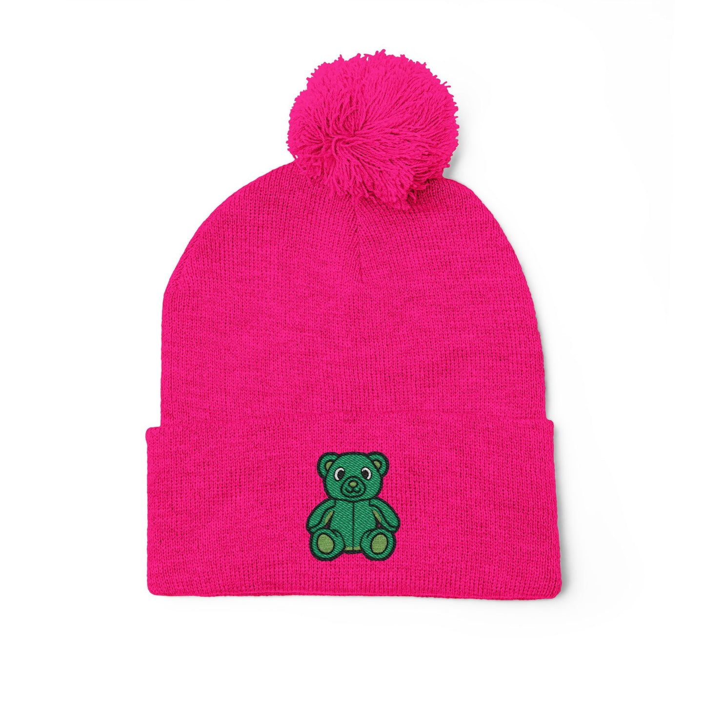 Emerald Bear Embroidered Pom-Pom Knit Cap