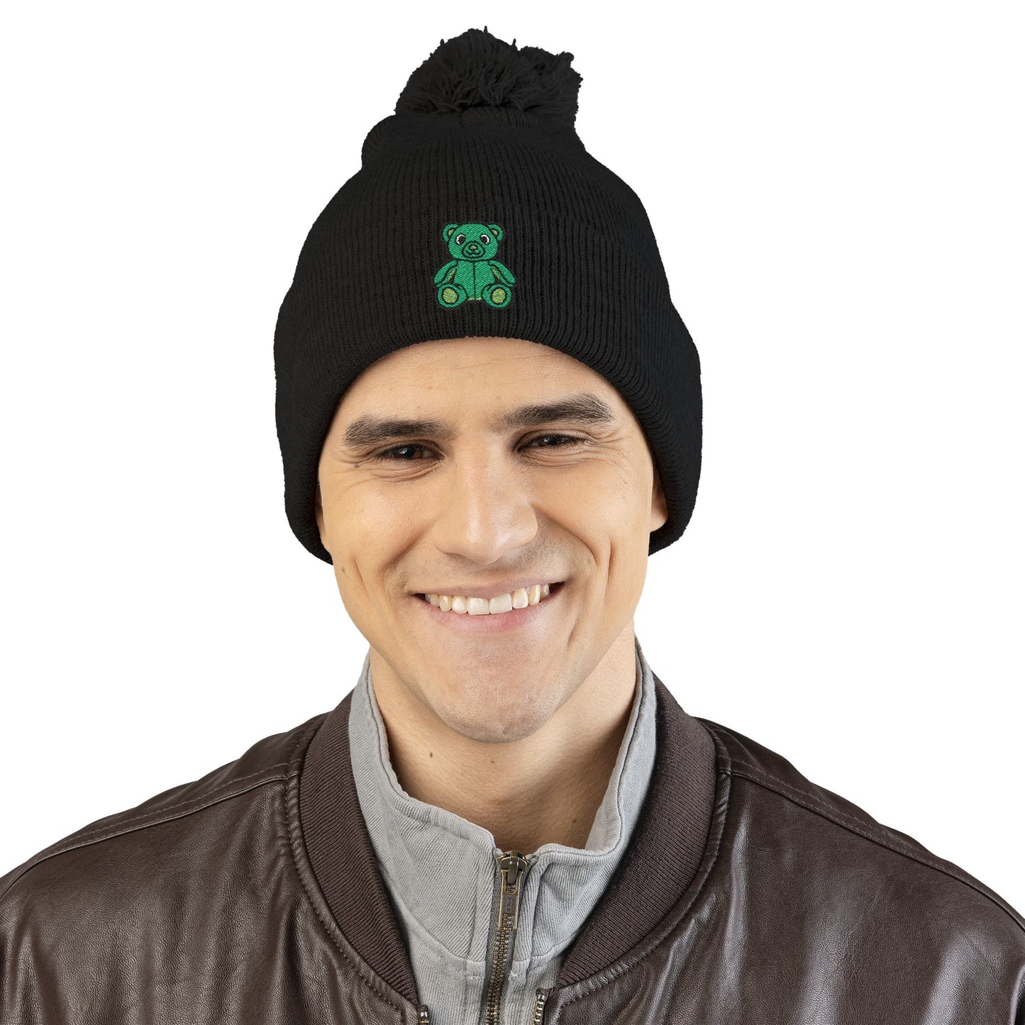 Emerald Bear Embroidered Pom-Pom Knit Cap