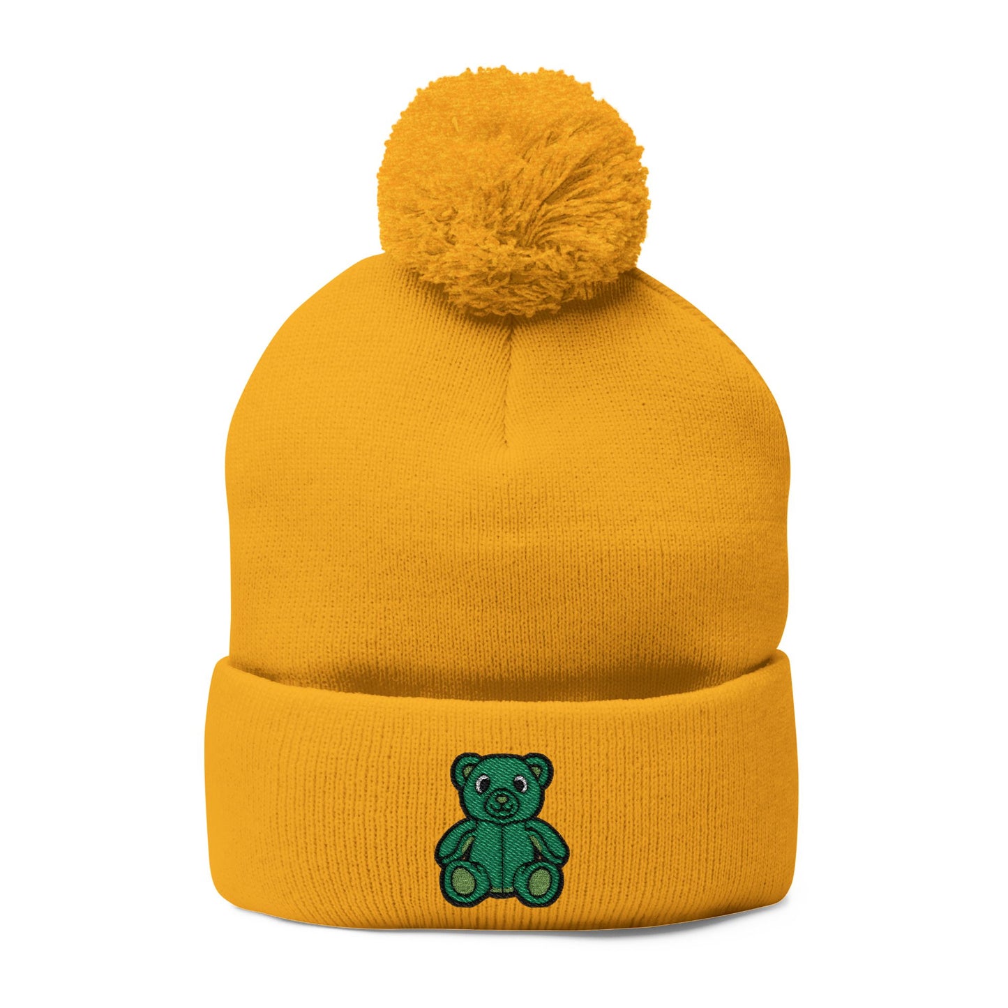 Emerald Bear Embroidered Pom-Pom Knit Cap