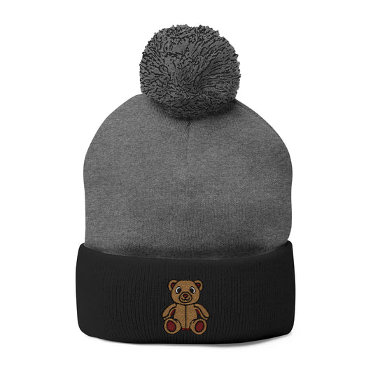 Teddy Bear Cozy Embroidered Pom-Pom Knit Cap 🤎