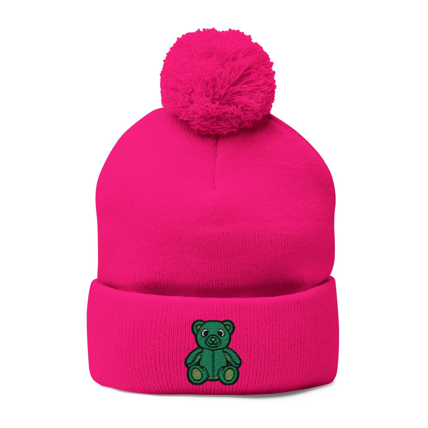 Emerald Bear Embroidered Pom-Pom Knit Cap