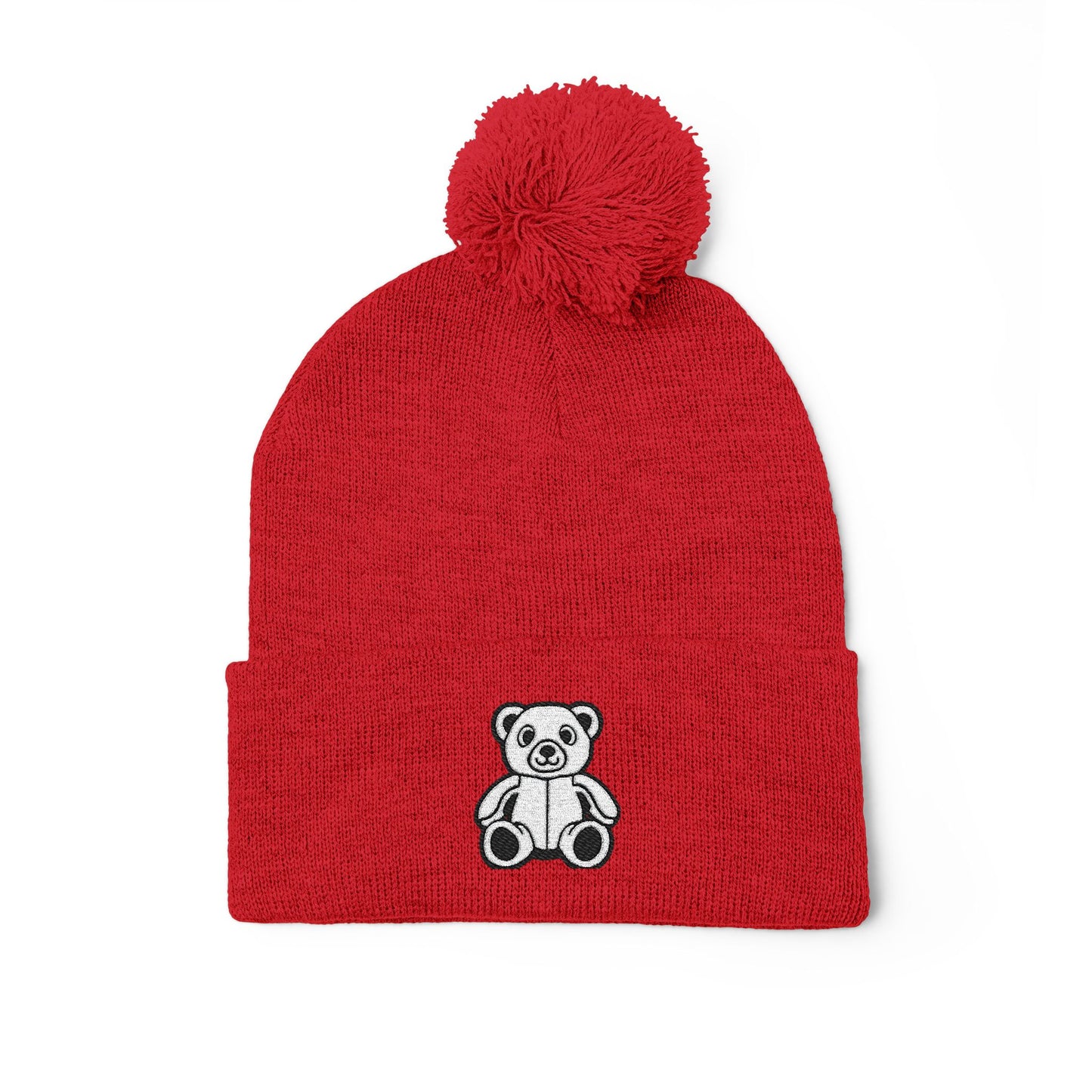 Polar Teddy Pom-Pom Knit Cap — Embroidered Winter Beanie
