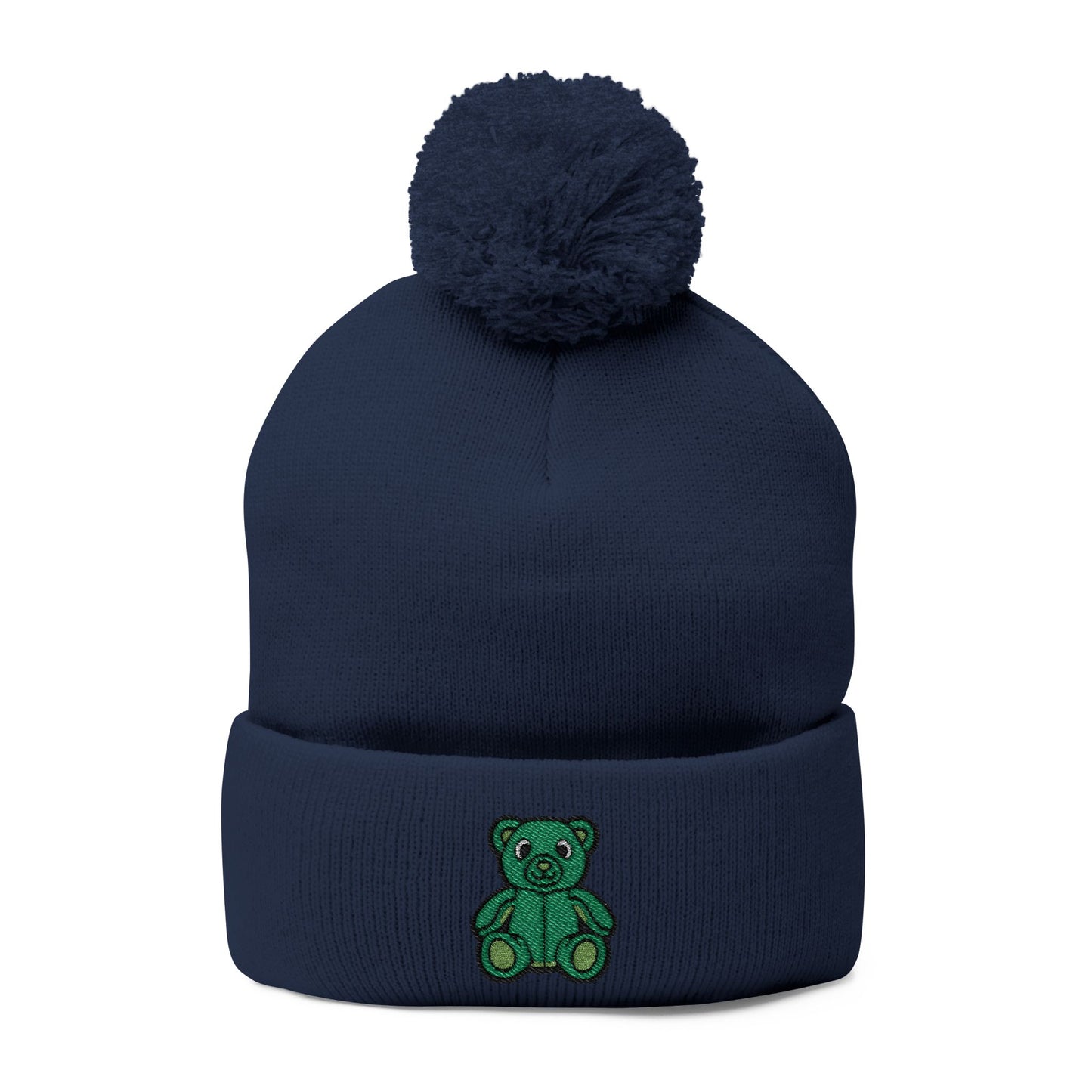 Emerald Bear Embroidered Pom-Pom Knit Cap