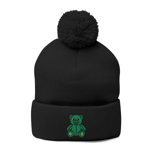 Emerald Bear Embroidered Pom-Pom Knit Cap