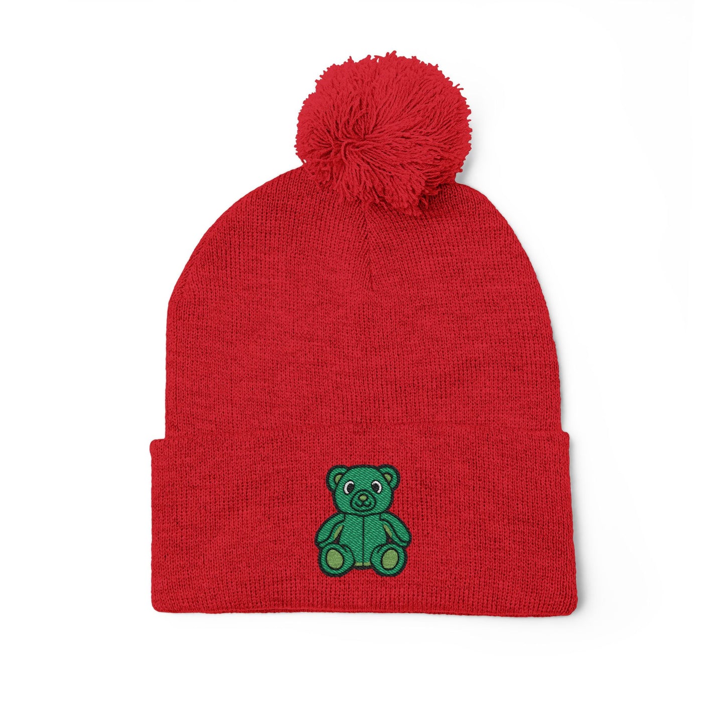 Emerald Bear Embroidered Pom-Pom Knit Cap
