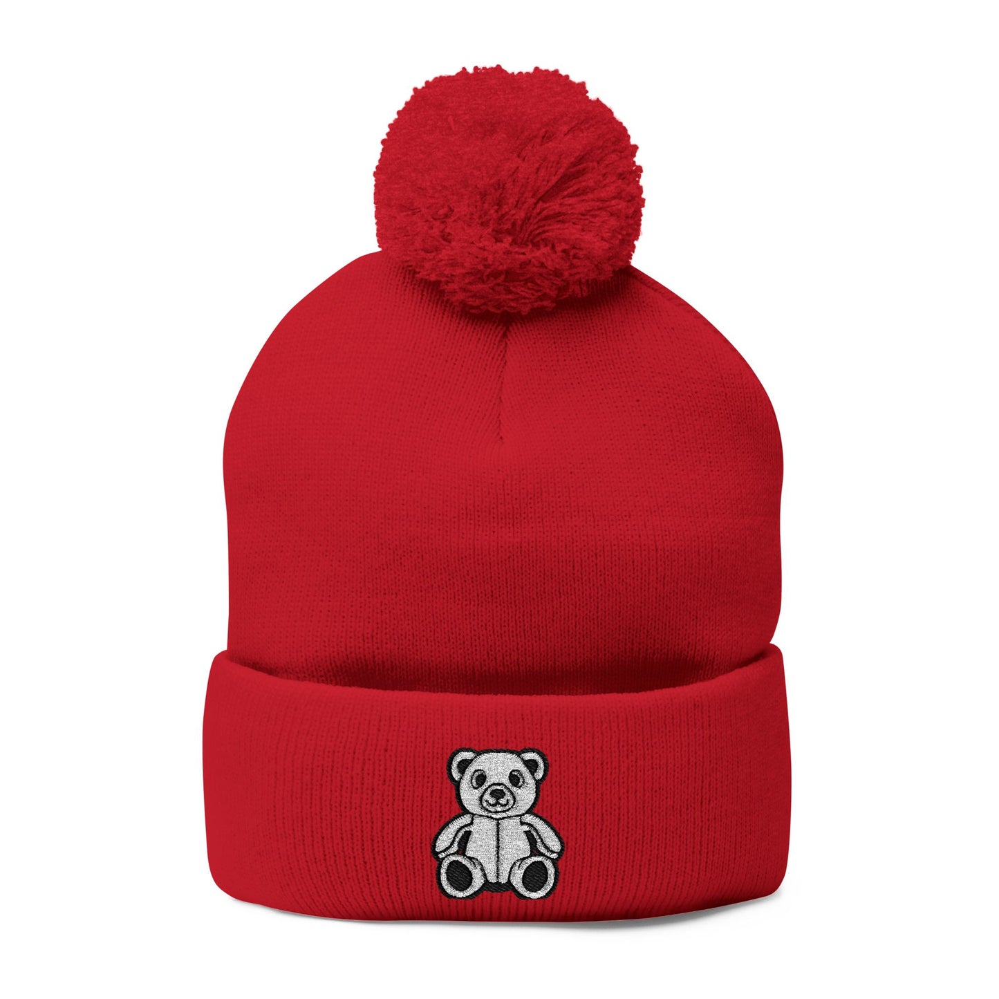 Polar Teddy Pom-Pom Knit Cap — Embroidered Winter Beanie