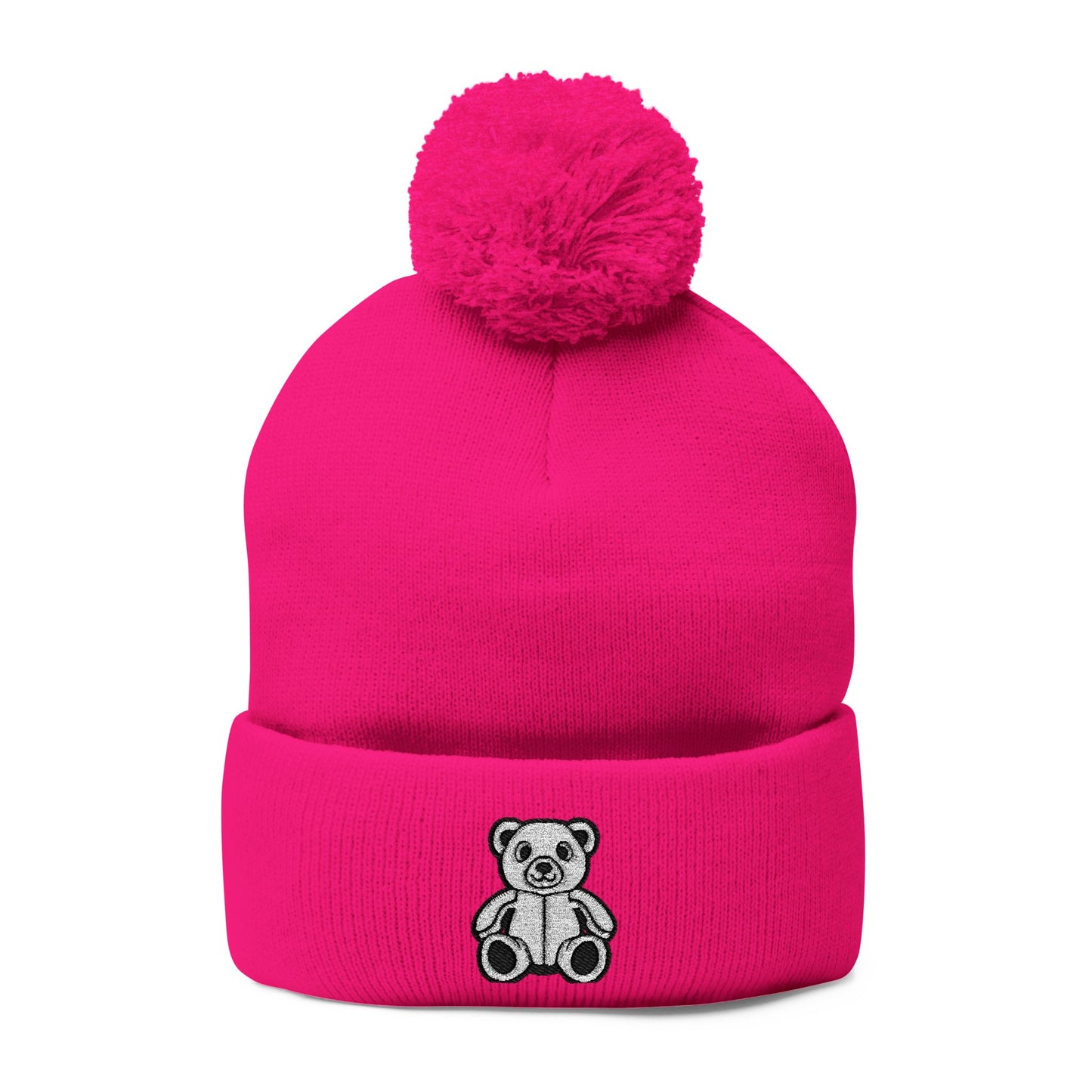 Polar Teddy Pom-Pom Knit Cap — Embroidered Winter Beanie