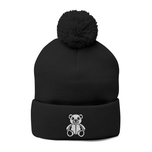 Polar Teddy Pom-Pom Knit Cap — Embroidered Winter Beanie