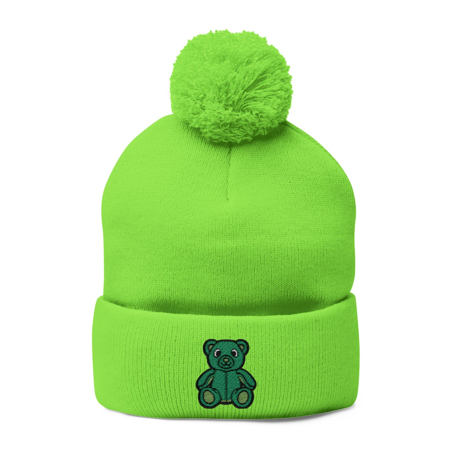 Emerald Bear Embroidered Pom-Pom Knit Cap