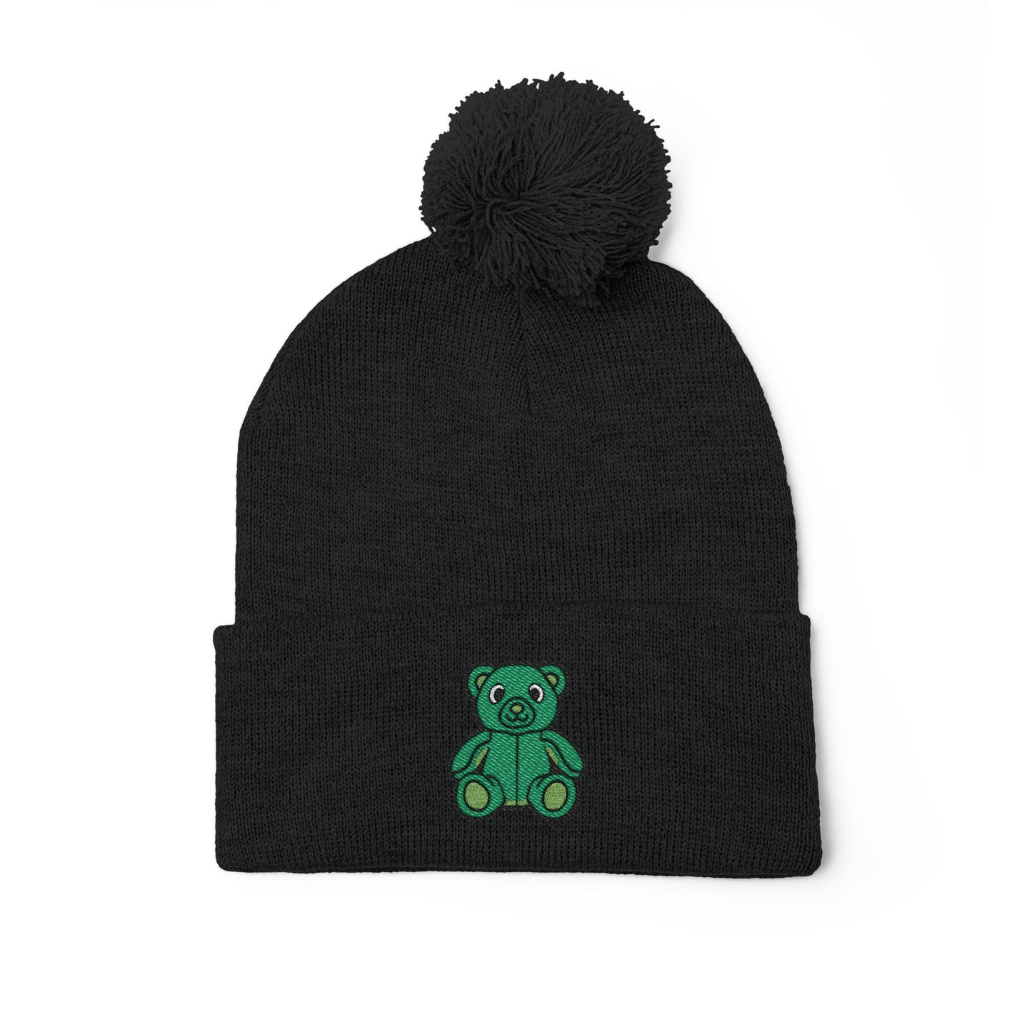 Emerald Bear Embroidered Pom-Pom Knit Cap