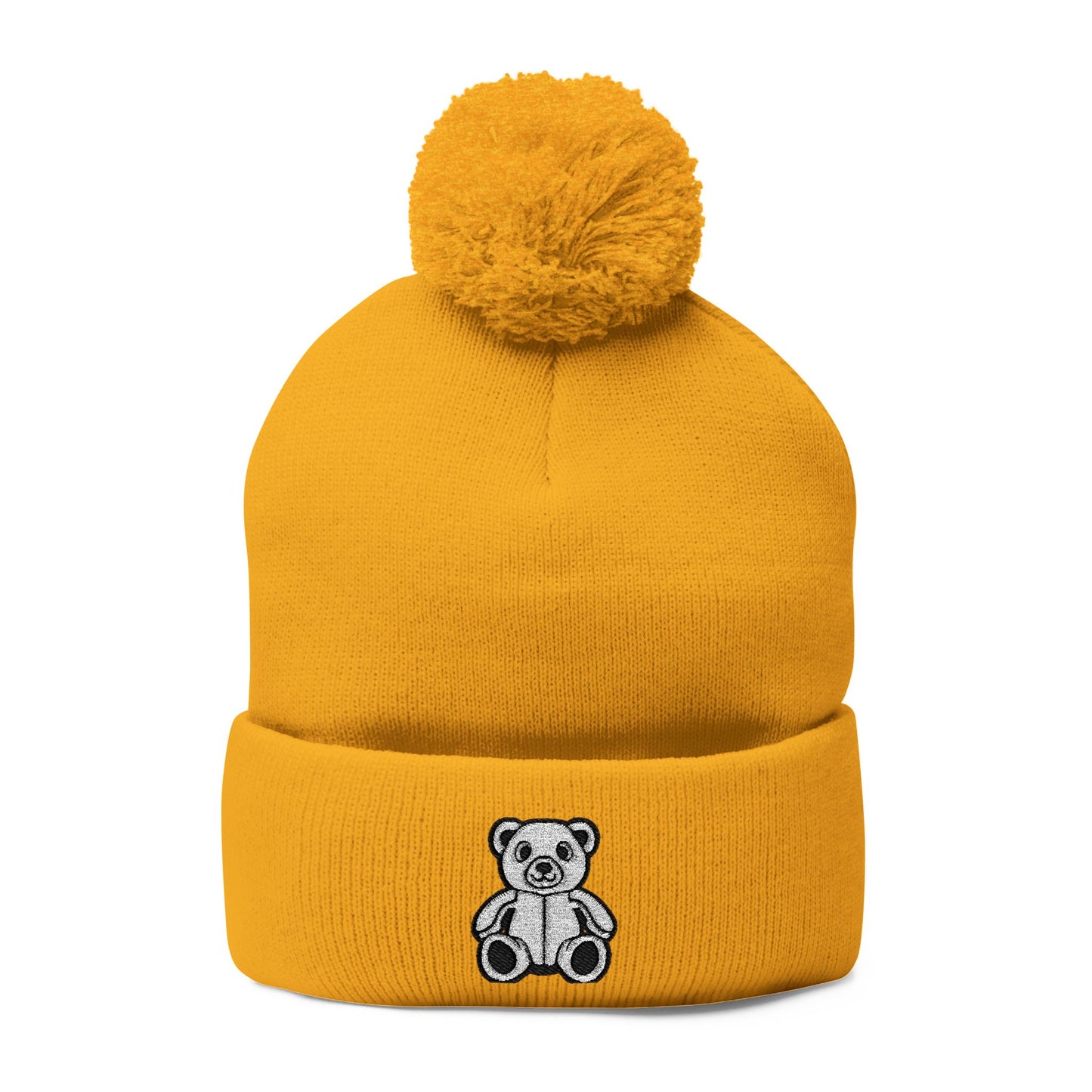 Polar Teddy Pom-Pom Knit Cap — Embroidered Winter Beanie