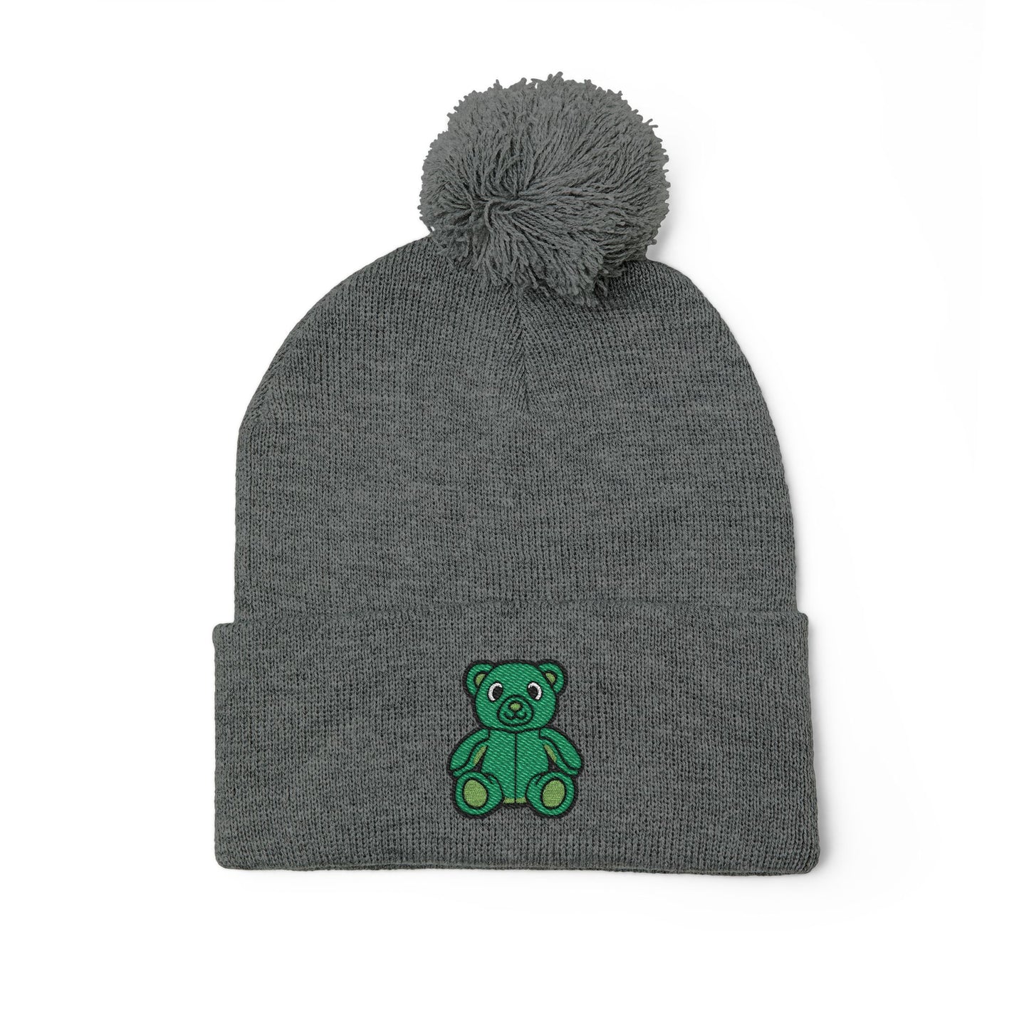 Emerald Bear Embroidered Pom-Pom Knit Cap