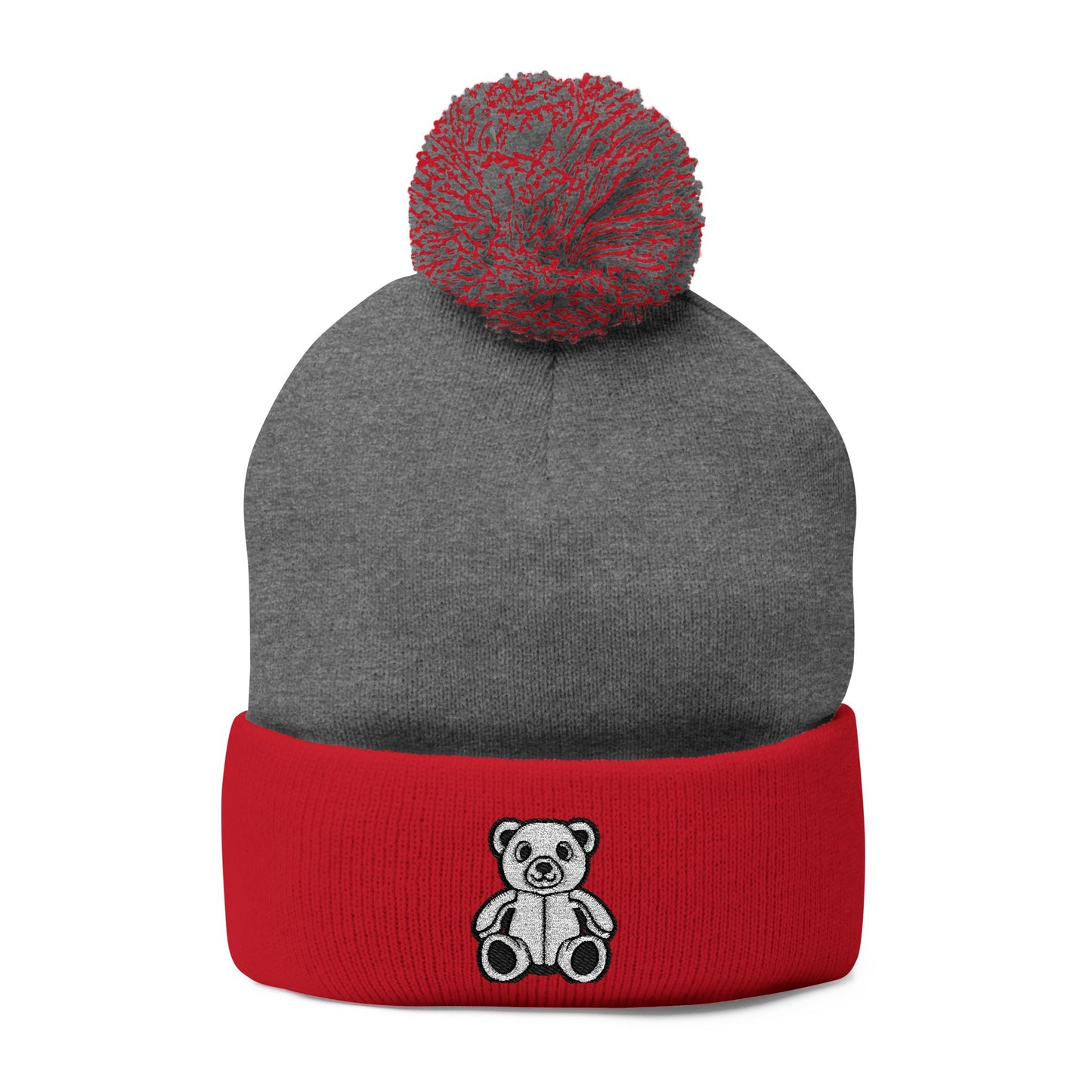 Polar Teddy Pom-Pom Knit Cap — Embroidered Winter Beanie