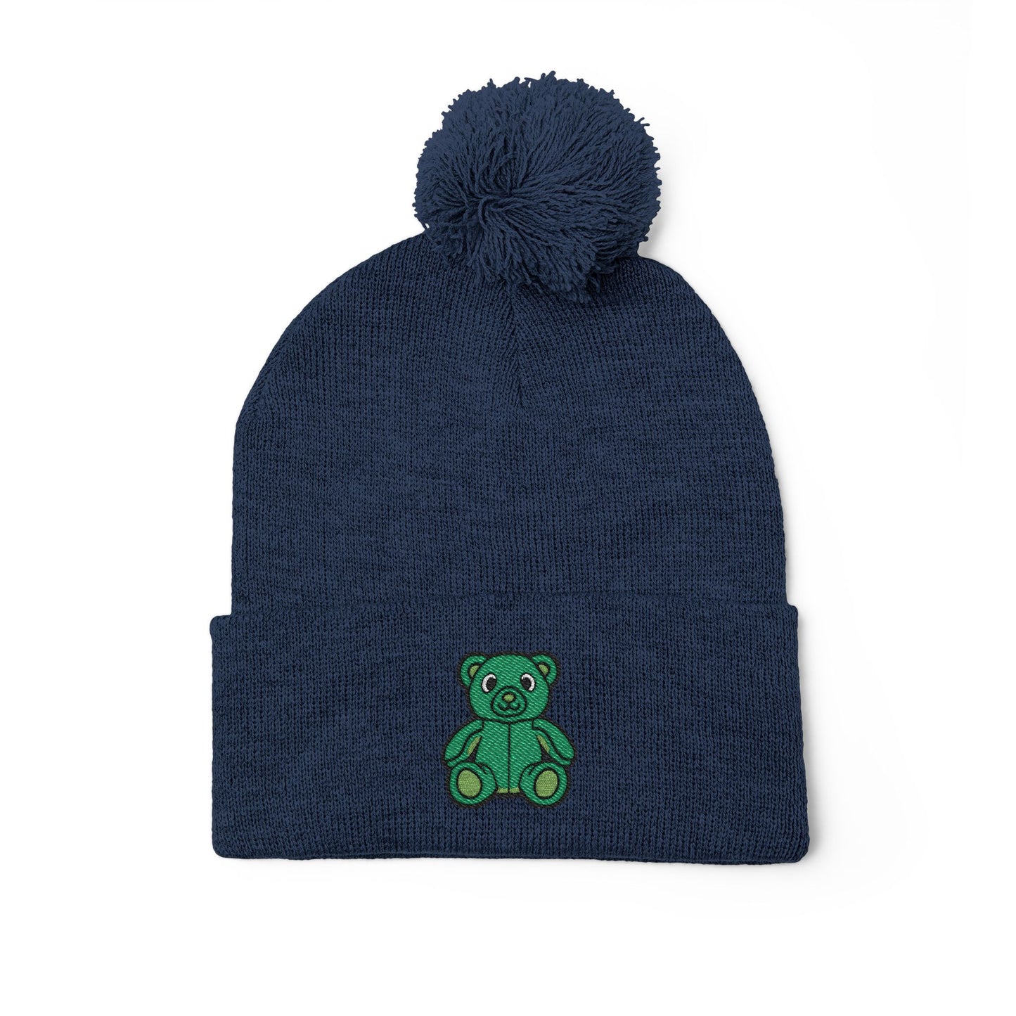 Emerald Bear Embroidered Pom-Pom Knit Cap