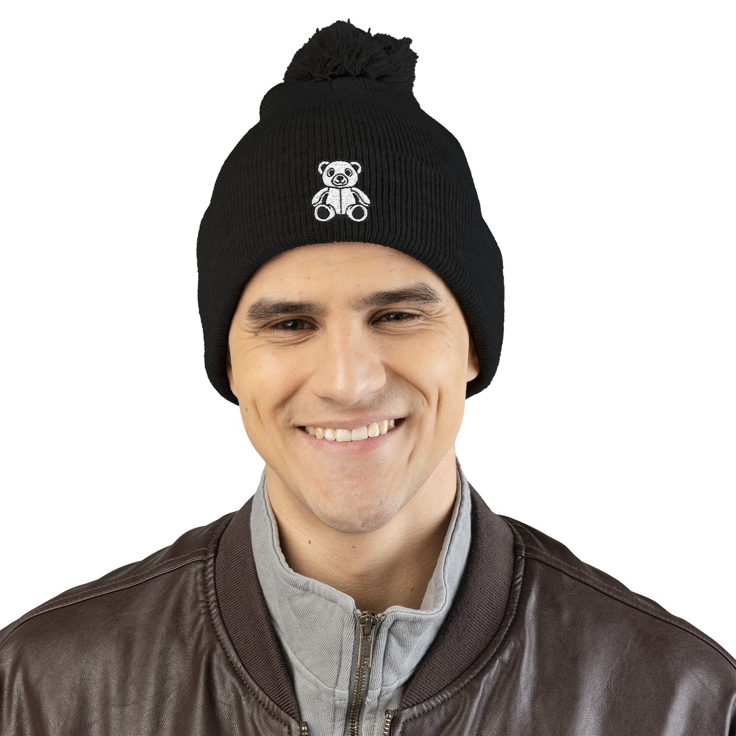 Polar Teddy Pom-Pom Knit Cap — Embroidered Winter Beanie