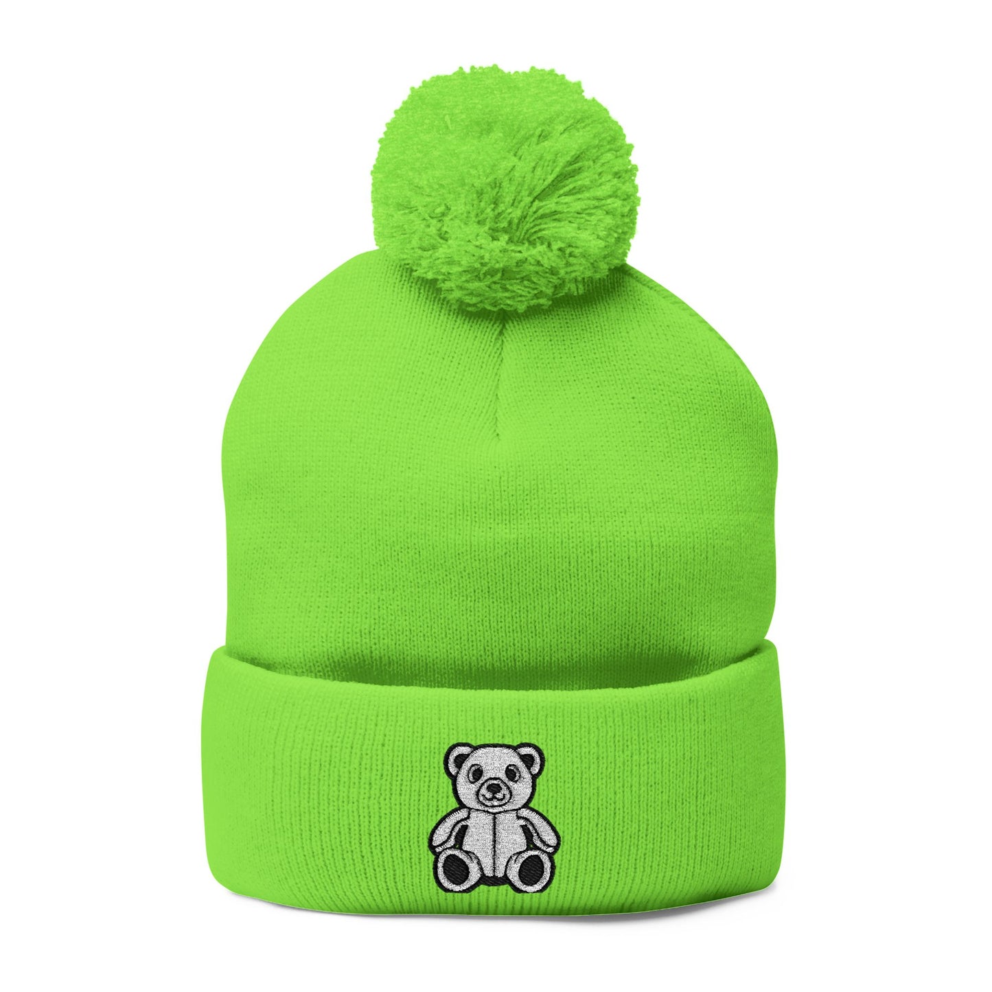 Polar Teddy Pom-Pom Knit Cap — Embroidered Winter Beanie