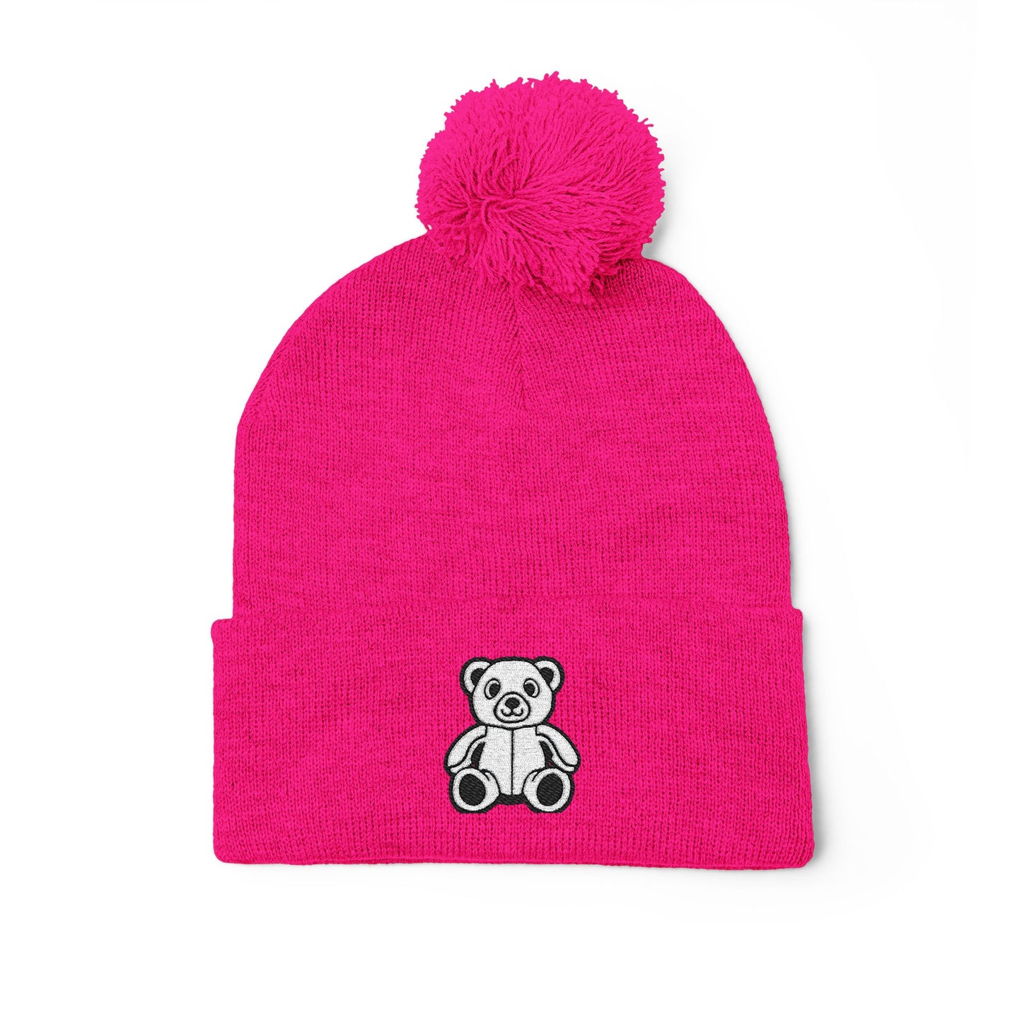Polar Teddy Pom-Pom Knit Cap — Embroidered Winter Beanie