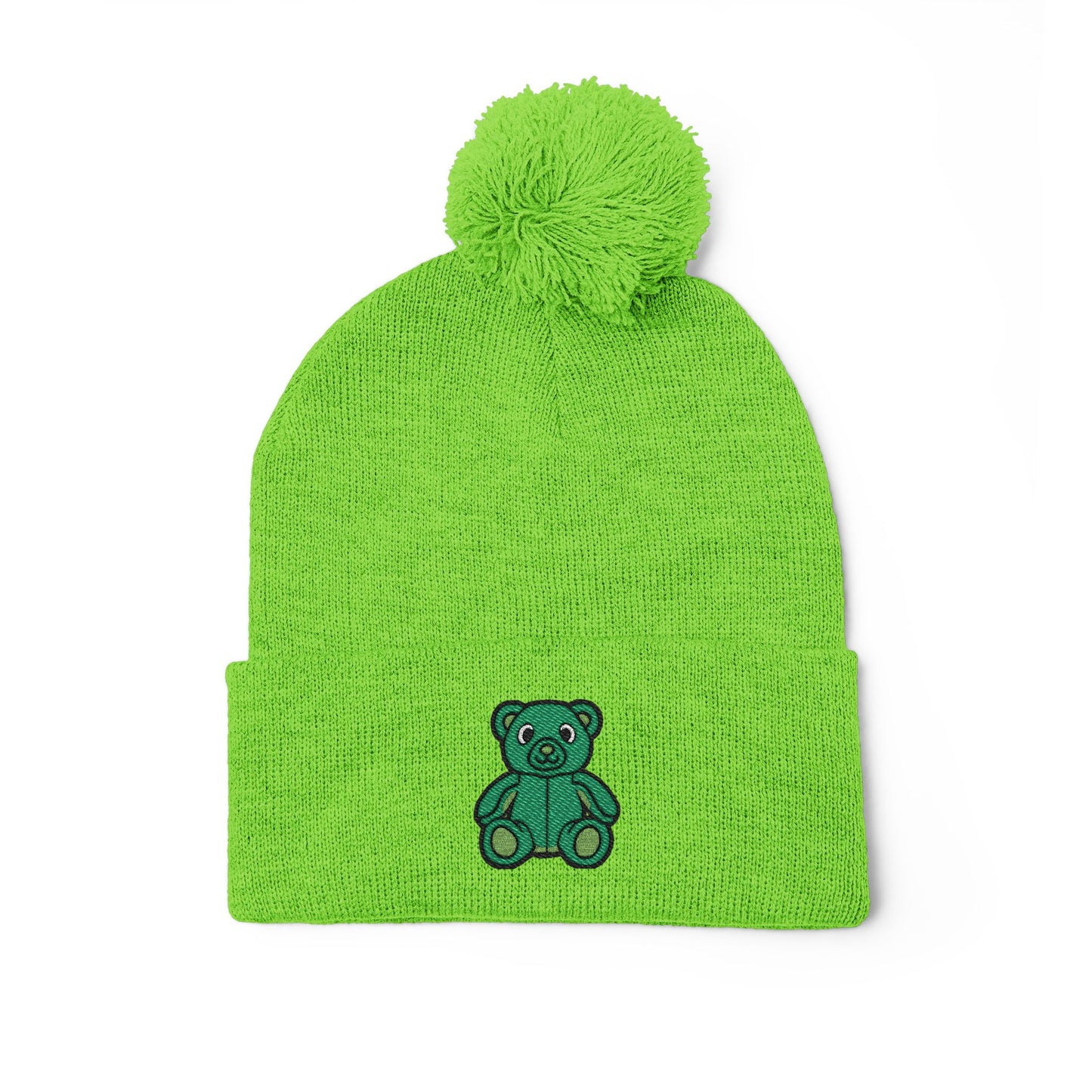 Emerald Bear Embroidered Pom-Pom Knit Cap