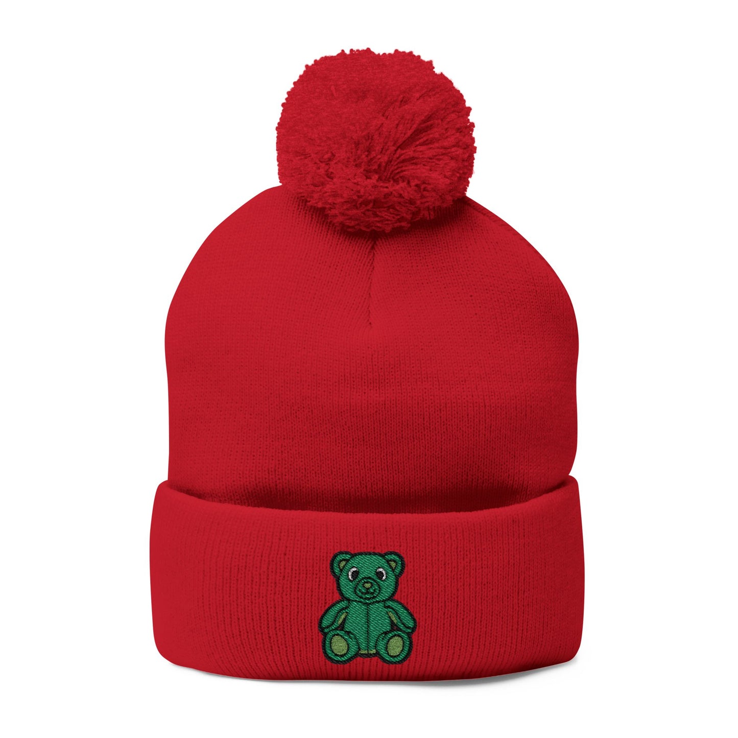 Emerald Bear Embroidered Pom-Pom Knit Cap