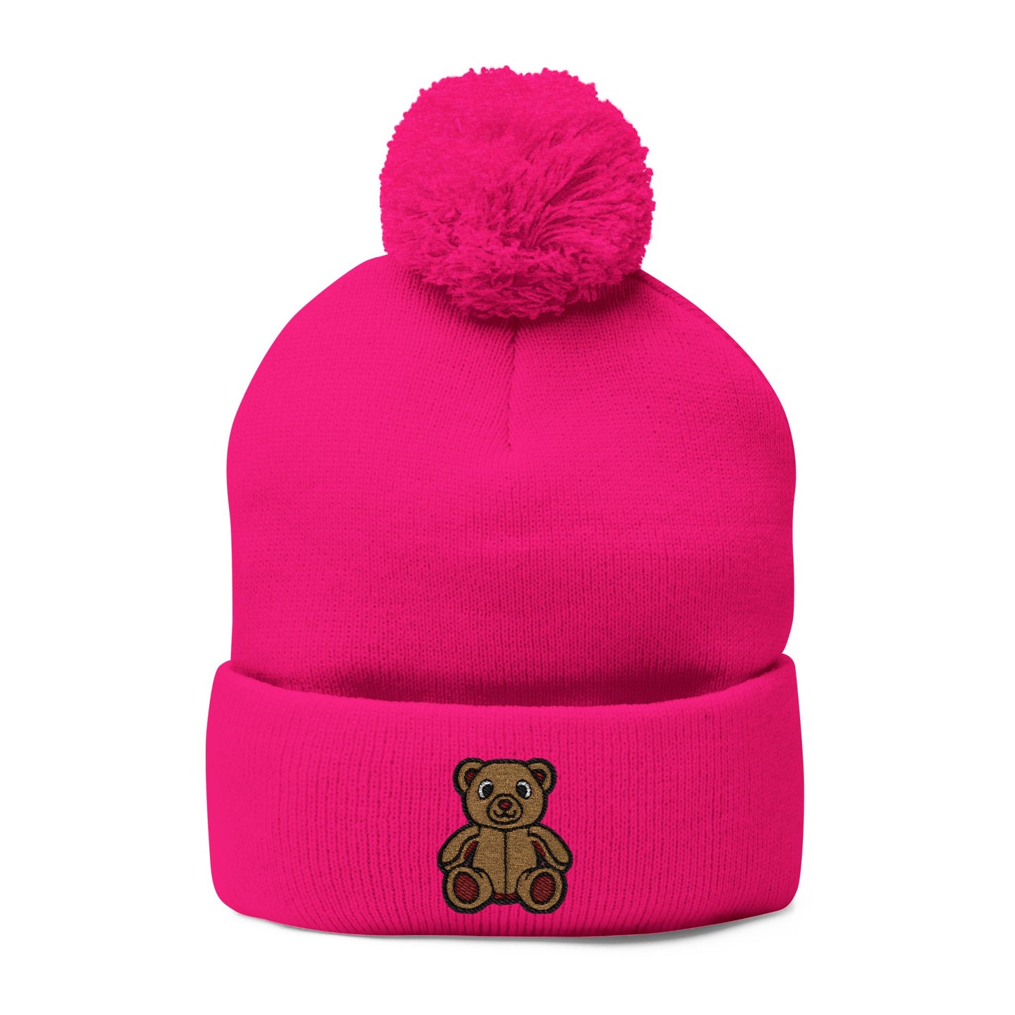 Teddy Bear Cozy Embroidered Pom-Pom Knit Cap 🤎