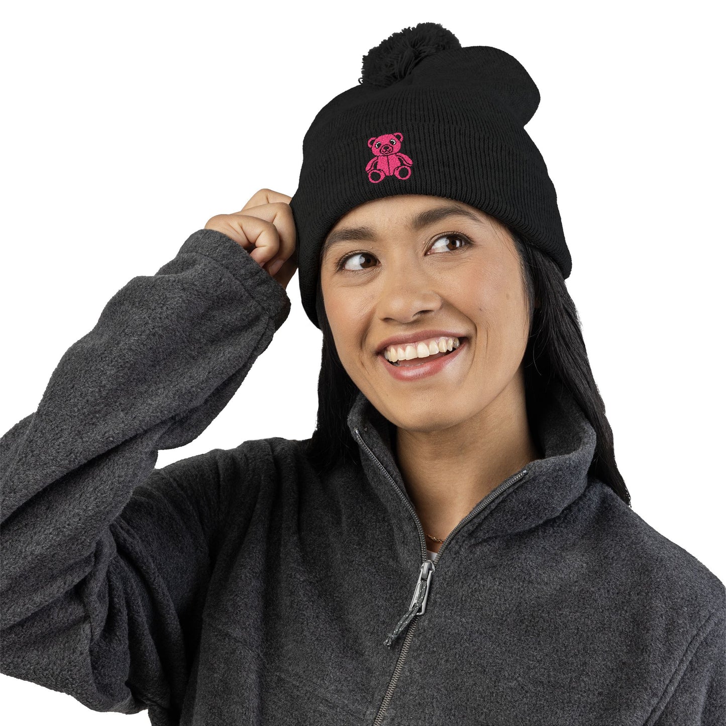 Pinky Bear Embroidered Pom-Pom Knit Cap