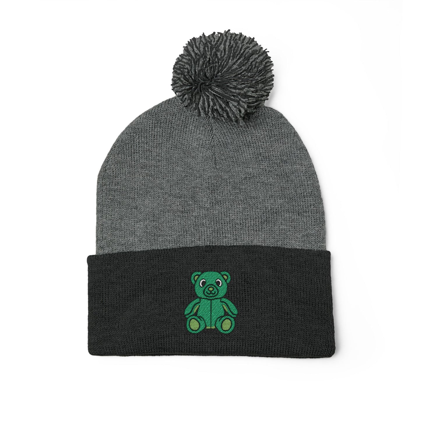 Emerald Bear Embroidered Pom-Pom Knit Cap