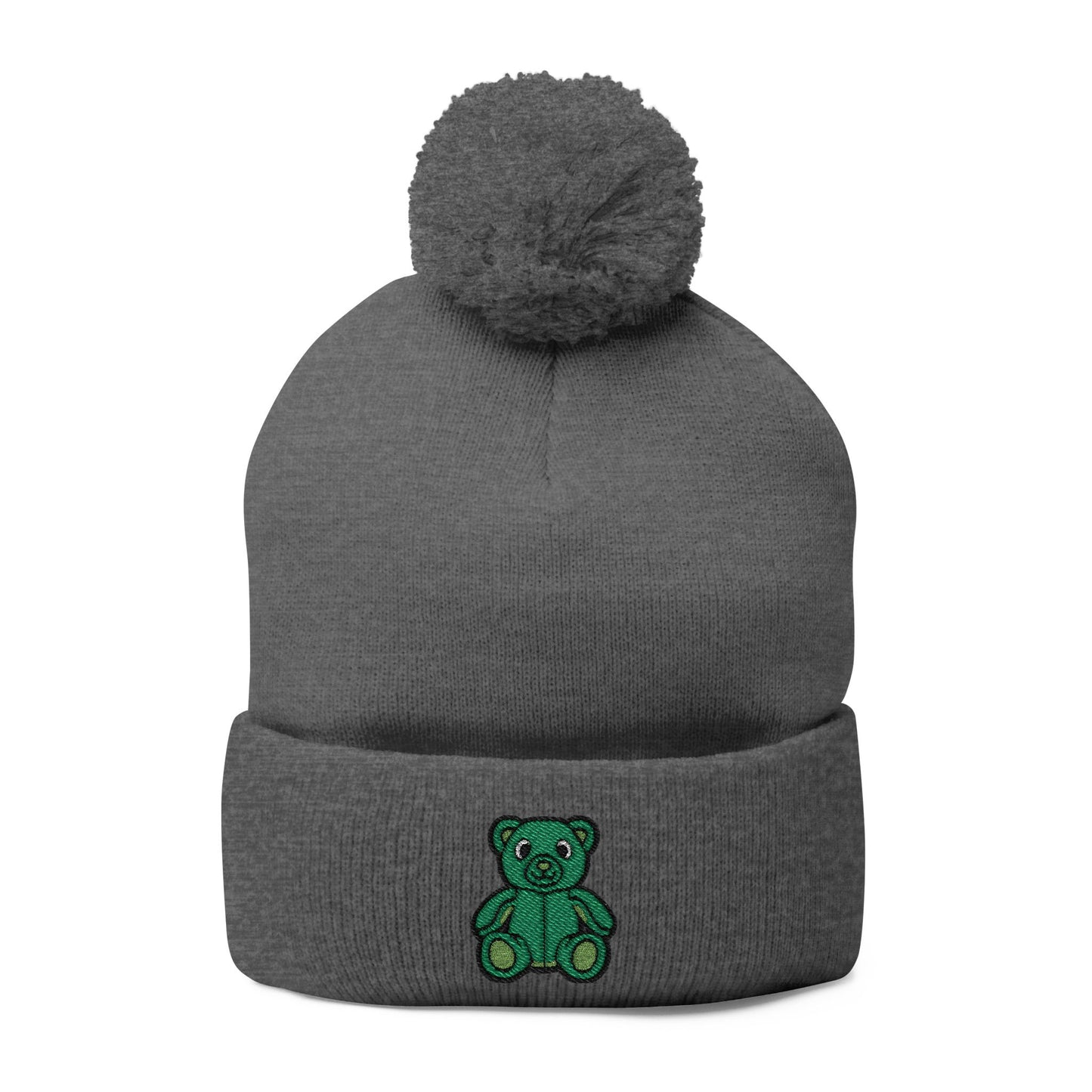 Emerald Bear Embroidered Pom-Pom Knit Cap