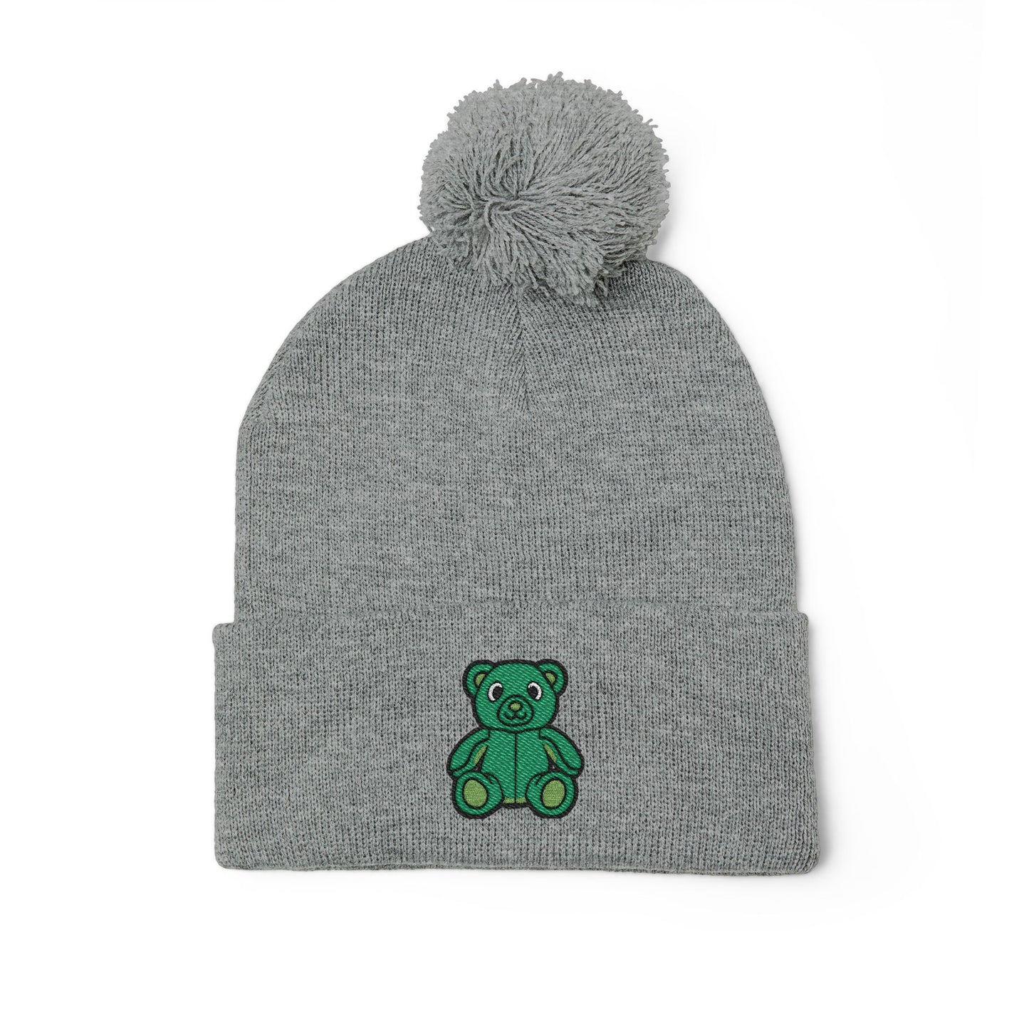 Emerald Bear Embroidered Pom-Pom Knit Cap