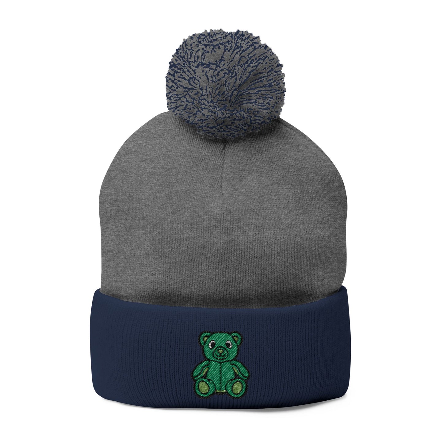 Emerald Bear Embroidered Pom-Pom Knit Cap