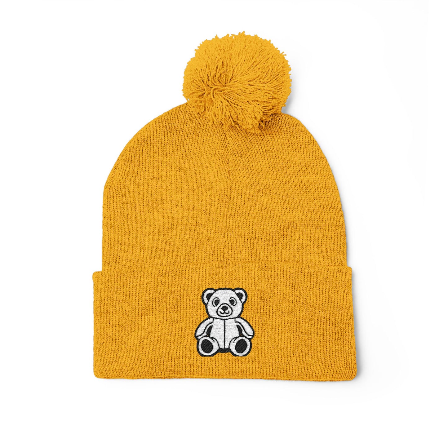 Polar Teddy Pom-Pom Knit Cap — Embroidered Winter Beanie