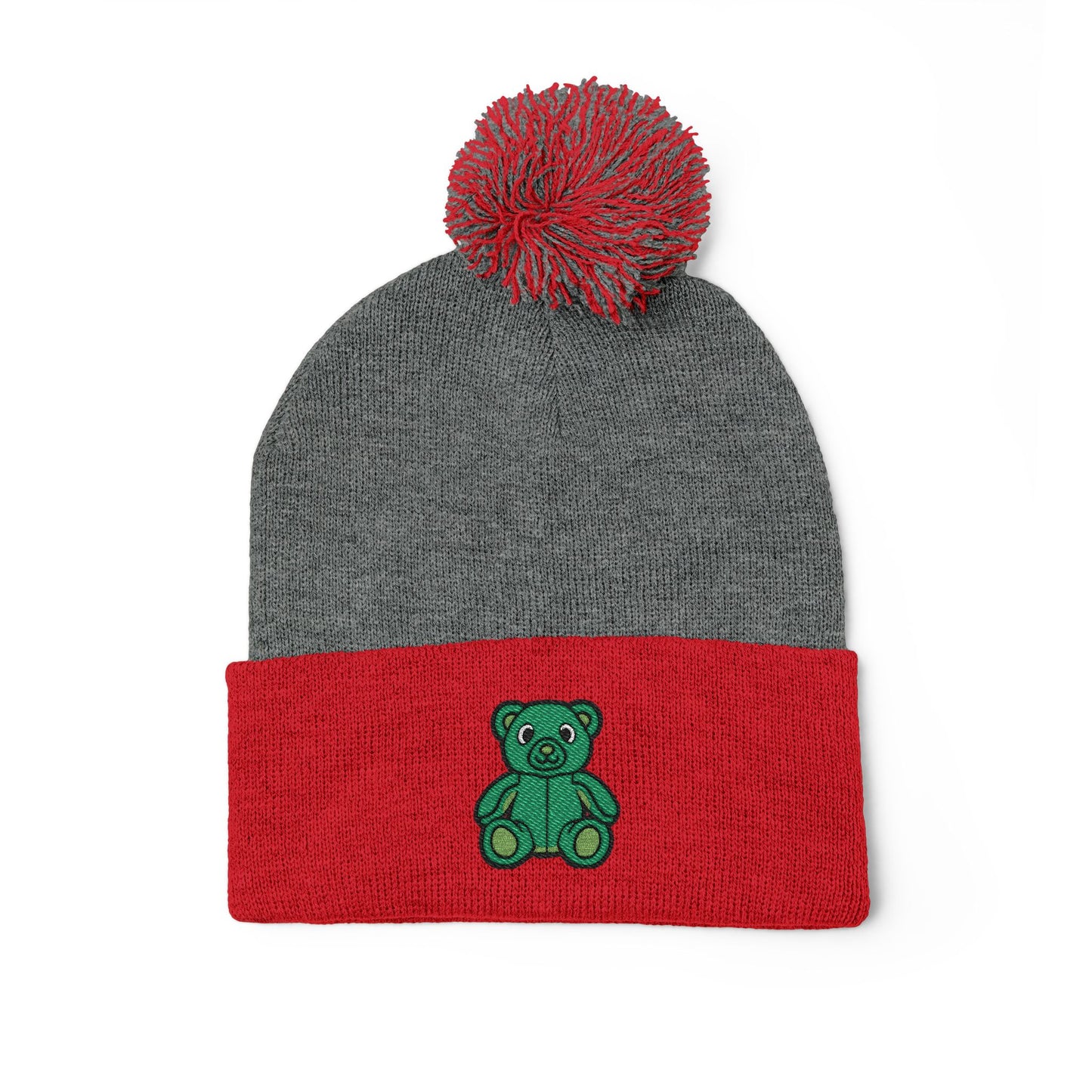 Emerald Bear Embroidered Pom-Pom Knit Cap